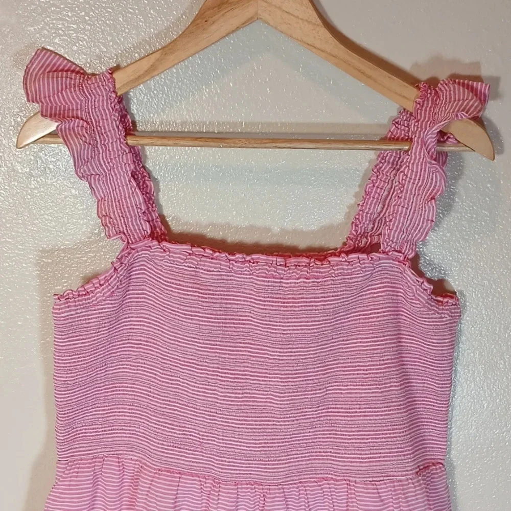 J Crew Striped smocked tiered mini dress in pink/white size Large - Picture 5 of 13